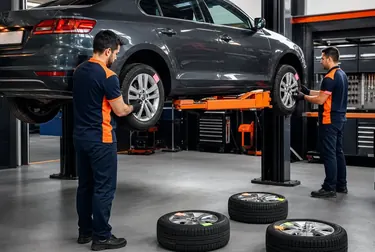 Mecânico realizando rodízio de pneus em um carro, focando na atividade.