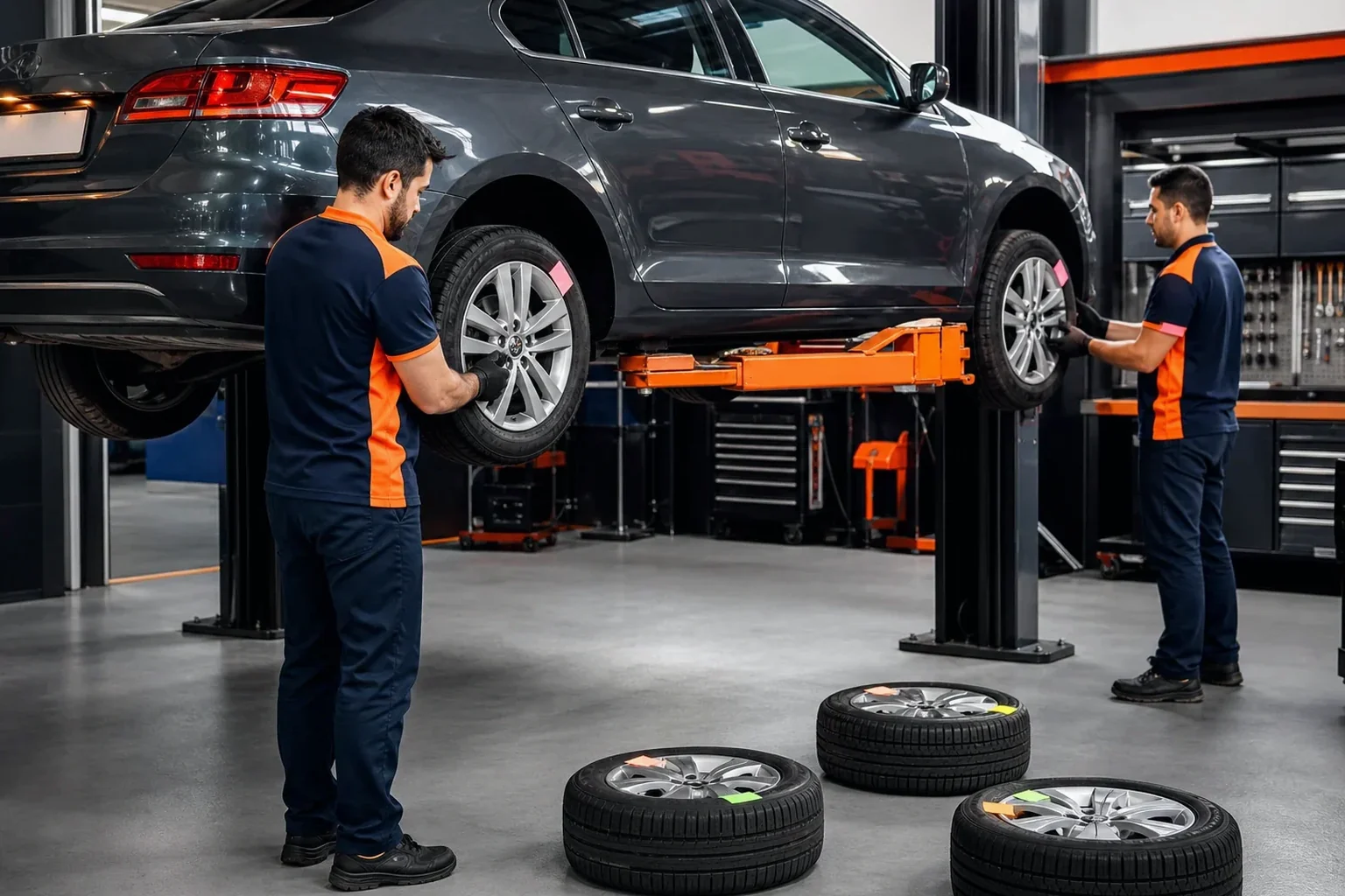 Mecânico realizando rodízio de pneus em um carro, focando na atividade.
