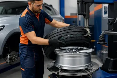 Mecânico trocando pneu de carro em borracharia, mostrando as ferramentas utilizadas.