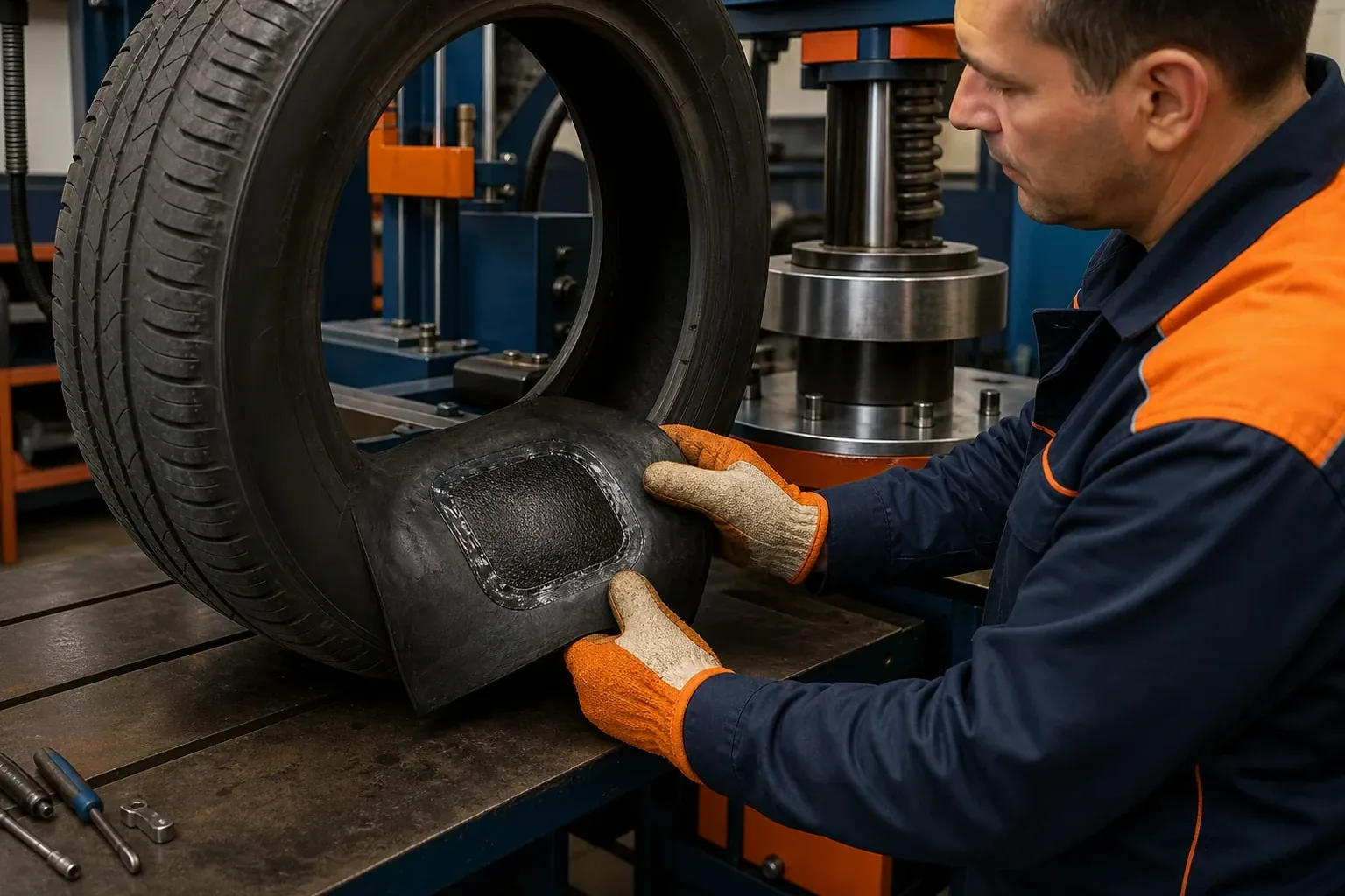 Pneu sendo vulcanizado em borracharia, mostrando o equipamento de trabalho.