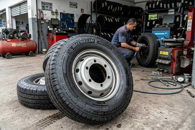 Pneus em boas condições em borracharia, ressaltando os cuidados e manutenções necessárias.