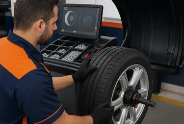 Profissional balanceando roda de carro com equipamento especializado.