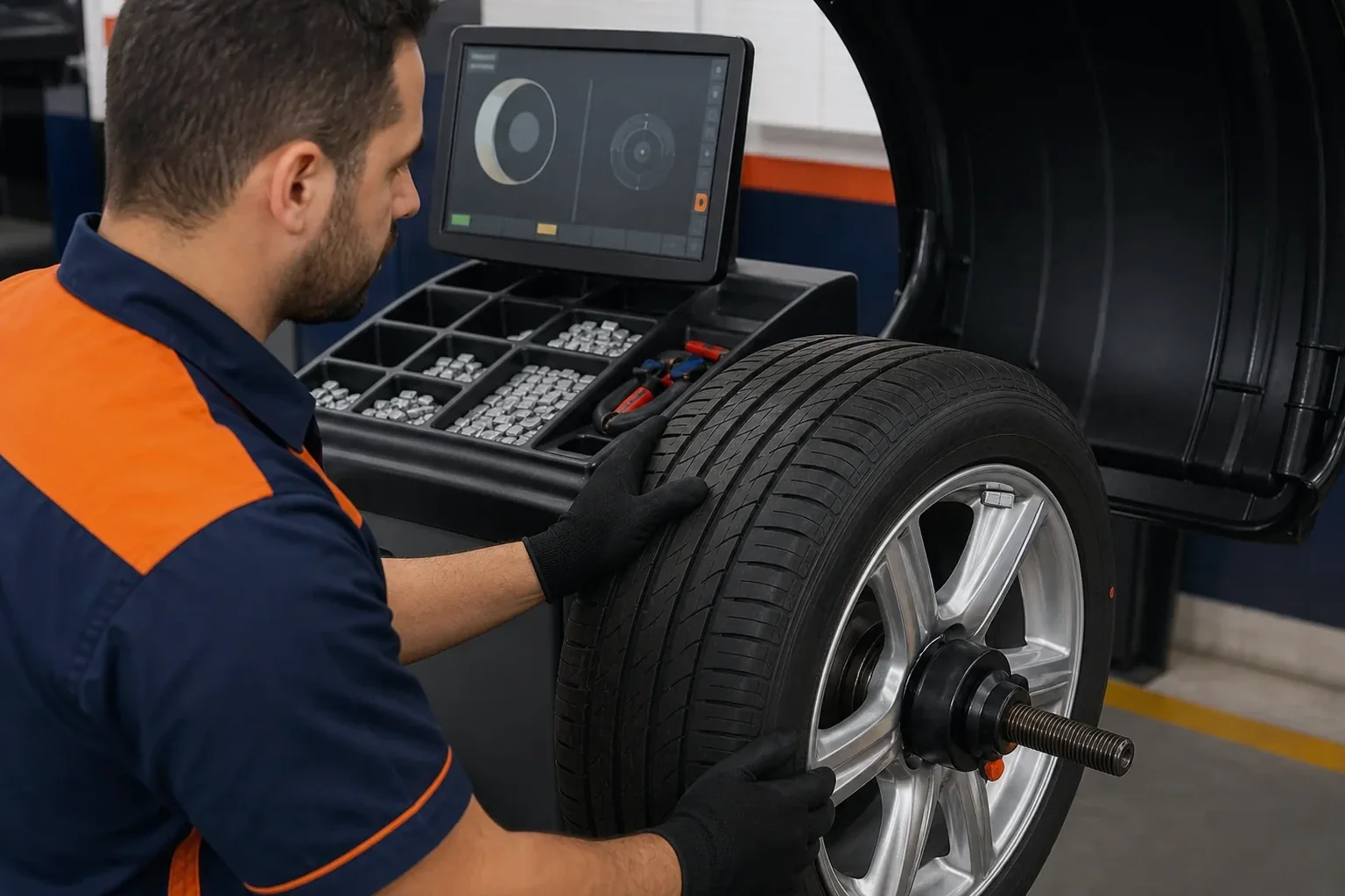 Profissional balanceando roda de carro com equipamento especializado.