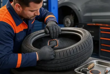 Técnico consertando pneu em borracharia, foco nas ferramentas e no processo.