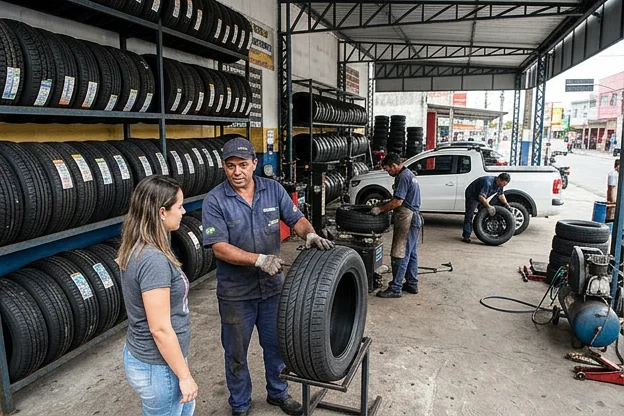 Vendedores mostrando diversos tipos de pneus para clientes em uma borracharia, ajudando na escolha certa.
